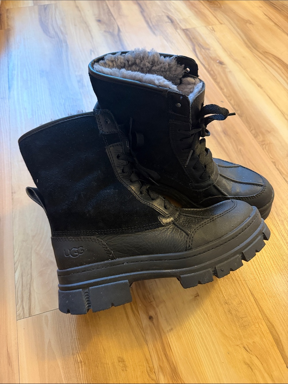 UGG Women's Black Lace-Up Shearling Combat Boot Ashton Addie